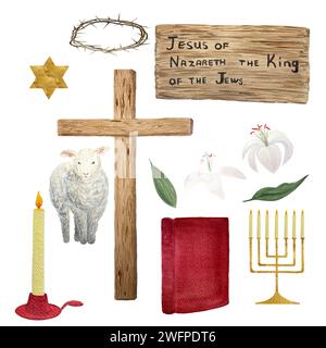 Aquarell Holzkreuz, Lamm, Dornenkrone, Kerzenbibel für Ostern, religiöse Illustration isoliert auf weiß Stockfoto