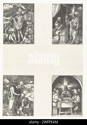 Auferstehung, Christus erscheint seiner Mutter, Christus erscheint Maria Magdalena, Christus in Emmaus, Albrecht Dürer, 1510 Druck die achte Serie von vier Szenen aus der Pressereihe 'de kleine Passie', hier noch ungeschminkt mit 4 Bildern auf 1 Blatt. Oben links: Christus steht neben seinem Grab, umgeben von schlafenden Soldaten. Rechts oben: Christus grüßt seine Mutter Maria, die für einen Leser kniet. Unten links: Christus, gekleidet als Gärtner, grüßt Maria Magdalena. Unten rechts: Christus bricht das Brot am Tisch mit vier Herren in Emmaüs. Nürnberger Zeitung Christus, normalerweise h Stockfoto