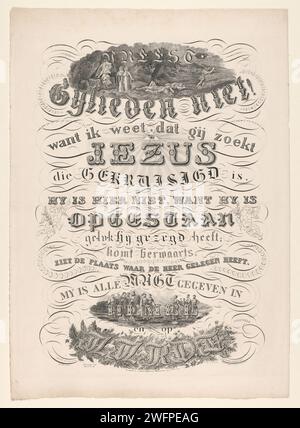 Biblisches Zitat über die Auferstehung Jesu Christi, Anonymous, Desguerrois & Co., nach Berend Jan Oudenampsen, 1836 in anmutigen Briefen ausgestellt, ist ein biblisches Zitat: Mattheus 28:6. „Keine Angst! Denn ich weiß, dass du Jesus suchst, der gekreuzigt ist. Er ist nicht hier, denn er ist auferstanden, wie er sagte. Kommt zurück, seht den Ort, wo der Herr war. Ich bin alle im Himmel und auf Erden bemächtigt. Oben zwei Marias, ein Engel und ein paar verängstigte Soldaten am leeren Grab. Am Fuße Christi inmitten seiner Apostel. Drucker: Netherlandspublisher: Doesburg Papier fr Stockfoto