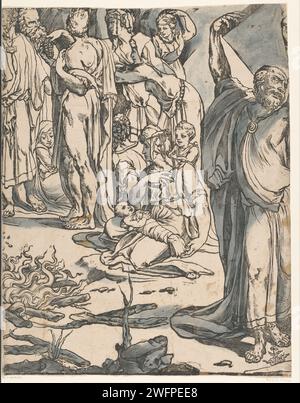 Mozes Breaks the Tables of the Law (zweiter Teil), Andrea Andreani, nach Francesco Vanni, nach Domenico Beccafumi, 1590 Druck Moses hält eine Steintafel über seinem Kopf, bereit, sie auf den Boden zu werfen. Rechts das Goldene Kalb, das vom Volk geehrt wird. Links die Israeliten, die Goldschmuck ins Feuer werfen, um das Goldene Kalb zu schmieden. Druckerei: Italien Design von: Siena Paper. Pinsel / Stift beim Ansehen der Götzendiener Moses bricht die Tabellen des Gesetzes Stockfoto