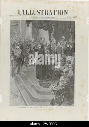 Zeitung mit einem artikel über den Tod und die Beerdigung von Wilhelm III., König der Niederlande, am 23. November und 4. Dezember 1890 und seine Folgemaßnahmen von Emma, Königin Regenten der Niederlande, 1890 Zeitung mit einem artikel über den Tod und die Beerdigung Wilhelms III. am 23. November und 4. Dezember 1890 und seine Nachfolge von Emma. Zwei Darbietungen und Säulen und Rahmen mit französischem Text in Buchdruck. Druckerei: Niederlandsprint Hersteller: Frankreich (möglicherweise) Drucker: Paris Papier Buchdruck Grabstätte Zeremonial Noordeinde Palace. Neue Kirche Stockfoto