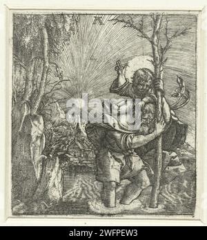 Heiliger Christoffel, Albrecht Altdorfer, um 1506–1538 Druck der Heilige Christoffel watte durch den Fluss mit dem Christuskind auf seinen Schultern. Deutschland Papierstich St.. Christopher, mit dem Christuskind auf den Schultern, waten durch das Wasser und tragen seinen Stab (Palme); manchmal steht ein Einsiedler auf dem weiteren Ufer neben einer Kapelle, eine Laterne in der Hand Stockfoto