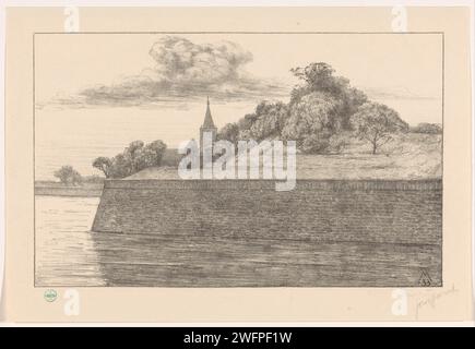 Blick auf Bastion Promers, Simon Moulijn, 1933 Druck hinter der Bastion kann man den Turm der Grote Kerk von Naarden sehen. Das Haager Papier Verteidigung der Festung oder Stadt. bastion, Bollwerk. Teile der Kirche außen und Nebengebäude: tower Big of St. Vituskirche Stockfoto