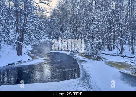 Die schneebedeckten Bäume hängen über einem ruhigen Bach, eingebettet in eine malerische Waldlandschaft Stockfoto