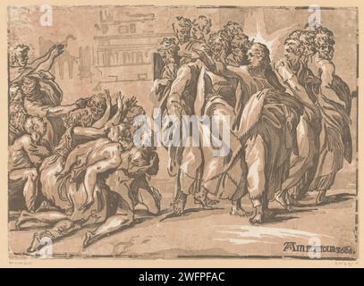 Christus heilt Aussätzige, Niccolò Vicentino, nach Parmigianino, 1608 Druck Christus mit den Aposteln und einer Gruppe bettelnder Aussätziger. Druckerei: Italien Verlag: Mantua Papier Christ Healing Leprakranke Stockfoto