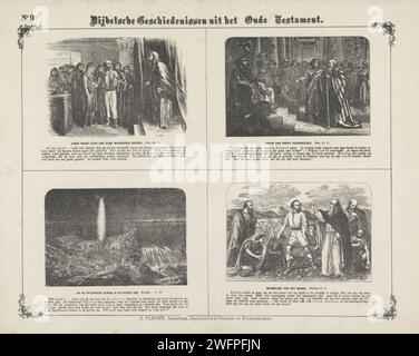 Biblische Geschichten aus dem Alten Testament, 1871 - 1908 Druck Blatt mit 4 Darstellungen von Geschichten aus dem Alten Testament. Joseph ist mit seinen Brüdern vertraut, Jakob wird von Joseph dem Pharao vorgestellt, die Ägypter sterben im Roten Meer und der Sammlung der Manna. Der entsprechende Bibeltext unter jedem Bild. Oben links nummeriert: Nr. 9. Amsterdam Papier Buchdruck Altes Testament. Joseph offenbart seine Identität und verzeiht in Tränen das vergangene Vergehen seiner Brüder. Jakob wird dem Pharao von Joseph vorgestellt. Durchfahrt durch das Rote Meer. Am Morgen fällt das Manna auf die Erde  Exodus Stockfoto