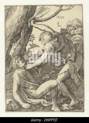 Cain tötet Abel, Anonym, nach Lucas van Leyden, in oder nach 1520 - ca. 1583 Druck Cain mit dem Kieferknochen zurückgehalten, Abel zu Boden gedrückt. Das Töten von Abel: Kain tötet ihn mit einem Stein, einem Knüppel oder einem Kieferknochen, alternativ mit einem Spaten oder einem anderen Werkzeug als Waffe Stockfoto