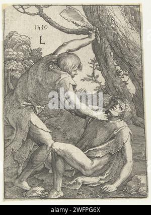 Cain tötet Abel, Lucas van Leyden, 1520 Druck Cain mit dem Kieferknochen zurückgehalten, Abel zu Boden gedrückt. Niederländer Papier, das die Tötung von Abel ätzt: Kain tötet ihn mit einem Stein, einem Schläger oder einem Kieferknochen, alternativ mit einem Spaten oder einem anderen Werkzeug als Waffe Stockfoto