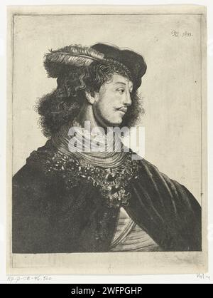 Porträt eines unbekannten jungen Mannes mit Baskenmütze, Willem van der Leeuw, nach Rembrandt van Rijn, 1633–1665 Druck Portraitbüste rechts von einem unbekannten jungen Mann, mit gefiederter Baskenmütze und Nackentuch. Anonyme historische Person porträtiert Stockfoto