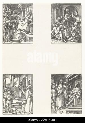 Christus vor Kaiphas, Spott, Christus vor Pilatus, Christus vor Herodes, Albrecht Dürer, 1508 - 1509 drucken Sie die vierte Serie von vier Szenen aus der Pressereihe „de kleine Passie“, hier noch ungepackt mit 4 Bildern auf einem Blatt. Oben links: Christus wird von bewaffneten Männern für Kaja Passe geführt. Rechts oben: Christus wird von fünf Männern belästigt und verspottet. Unten links: Christus wird von bewaffneten Männern für Pilatus geführt. Unten rechts: Christus wird von bewaffneten Männern für Herodes geführt. Nürnberger Zeitung Christus vor dem Sanhedrin mit Kaiphas als Hohepriester und möglicherweise Annas; vielleicht ein Soldat, der kurz davor steht, Christus zu schlagen Stockfoto