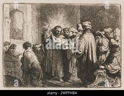 Das Tribut Money, Rembrandt van Rijn, ca. 1634 Druckpapier, das Christus über den Tribut des Tempels mit den Aposteln diskutiert Stockfoto