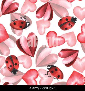 Marienkäfer und rote Herzen. Handgezeichnete Illustration mit Aquarell. Nahtloses Muster. valentinstag-Konzept. Für Textil, Stoff, Tapeten, Web, Packag Stockfoto