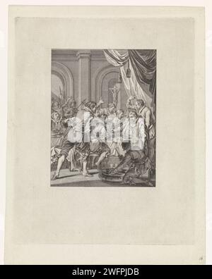 Tod von Requesens, 1576, Theodoor Koning, nachdem Jacobus kauft, 1782 Druck der spanische Armeekommandant und Gouverneur der Niederlande Requesens stirbt unerwartet am Tisch während eines Banketts in Brüssel am 5. März 1576. Um ihn herum sind verängstigte Männer, die Gesten machen wollten. Dieser Druck ist Teil einer Serie von 24 Drucken mit Szenen aus dem Leben von Prinz Willem I., 1568-1584 und ist eine Illustration im 16. Gesang. Amsterdamer Papierstich-Färbung. Altarkreuz, Crucifix Brüssel Stockfoto