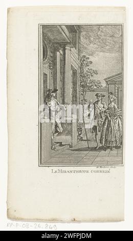 Die Heilung der Misantroop, N. de Boubers, nach Hubert Francois Gravelot, nach 1765 - ca. 1780 gedruckte Illustration für die Geschichte „Le Misanthrope Corrigé“ aus J.F. Marmontels Sammlung von Geschichten „Contes Moreaux“. Der Menschenfeind, der sich zurück ins flache Land zurückgezogen hat, um in Einsamkeit zu leben, bekommt einen Besuch von einem jungen Paar. Printmacher: Unbekanntes Design von: Paris Papierätzung / Gravur Solitary Living. Besuch, Empfang von Gästen, elegante Gesellschaft Stockfoto
