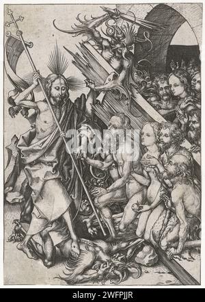 Der Abstieg in den Vorgeborenen, Martin Schongauer, ca. 1470–1491 Druck Christus, ein Stab mit einer Flügelfahne in der Hand, befreit eine Gruppe von Seelen aus einem Kerker. Die Teufel versuchen, die Seelen zu reduzieren, werden aber von Christus zertrampelt oder aufgehalten. Dieser Druck ist Teil einer Serie von zwölf Drucken mit Szenen aus der leidenden Geschichte. Deutschland Papier, in dem Christus die Hölle verlässt: Er befreit Patriarchen, Propheten, Könige und andere Personen aus der Hölle, darunter Adam, Eva, Mose, David, und Johannes der Täufer Stockfoto