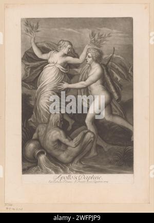 Daphne verwandelt sich in einen Lorbeerbaum, John Smith (Druckerei/Verleger), nach Giovanni Jacopo Caraglio, nach Perino del Vaga, nach Titian, 1709 Druck Daphne wird von ihrem Vater Peneus in einen Lorbeerbaum verwandelt. Apollo, der sie verfolgt hat, streckt ihr vergeblich den Arm zu. Papiere Daphne verwandelte sich in einen Lorbeerbaum: Auf der Flucht vor Apollo wird Daphne von ihrem Vater Peneus in einen Lorbeerbaum verwandelt (Ovid, Metamorphoses I 548) Stockfoto