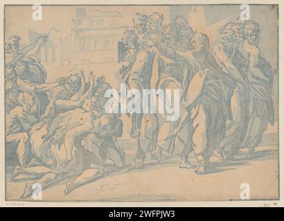 Christus heilt Aussätzige, Niccolò Vicentino, nach Parmigianino, ca. 1540–1550 Druck Christus mit den Aposteln und einer Gruppe bettelnder Aussätziger. Italienpapier Christ Healing Leprakranke Stockfoto