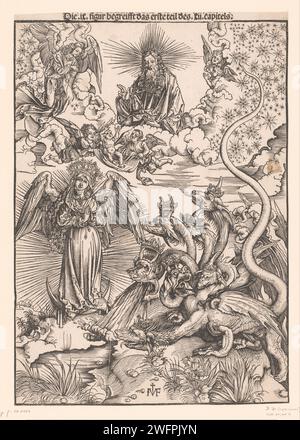 Blanz Van The Tooving Bazuin, ehonestimus Gift von Frankfurt, Afterbreak of Albreak, 1502 Print Gott erscheint am Himmel und bringt die apokalyptische Frau, bedeckt von der Sonne, mit dem Mond unter ihren Füßen und einem Kranz aus zwölf Sternen auf ihrem Kopf. Ihr neugeborenes Kind wird von Engelen vor dem siebenköpfigen Drachen gerettet. Papier eine schwangere Frau, die mit der Sonne bekleidet und auf dem Mond steht, erscheint; sie wird von einem roten Drachen mit langem Schwanz und sieben Köpfen bedroht. Der siebte Engel ertönt die Posaune: Anbetung im Himmel Stockfoto