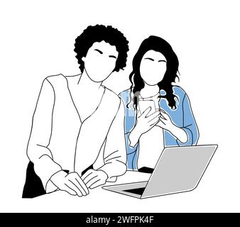 Zwei Geschäftsfrauen arbeiten mit einem Laptop zusammen. Stock Vektor