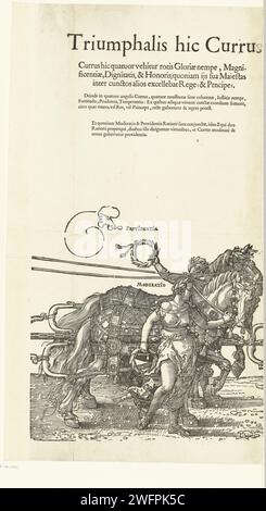 Triumphwagen von Kaiser Maximilian I., Hans Guldenmund, nach Albrecht Dürer, 1609 der große Triumphwagen zu Ehren Kaiser Maximilians I. bei seinem Tod am 12. Januar 1519. Drittes Blatt mit den ersten Spannpferden mit Providentia und moderatio. Druckerei: DeutschlandVerlag: AmsterdamVerlag: Amsterdam Papier Buchdruck Wagen, Triumphwagen Stockfoto