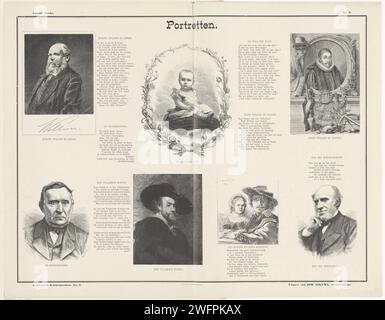 Portraits, 1887 - 1905 print Blatt mit 7 Darbietungen von Porträts von Willem III, Wilhelmina, Willem I, Jan Jacob Antonie Goeverneur, Peter Paul Rubens, Rembrandt Harmensz. Van Rijn, Saskia van Uylenburgh und Pieter Jacob Andriessen. Zwischen den Bildern Verse im Buchdruck. Oben rechts und unten links nummeriert: Nr. 6. Der Haager Papierdruck Block / Buchdruck Porträt, Selbstporträt des Künstlers Stockfoto