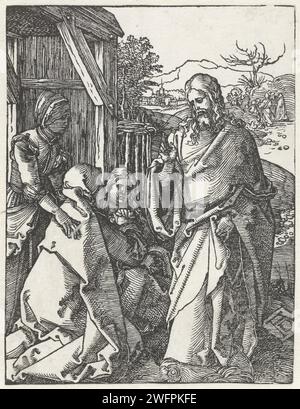 Christus verabschiedet sich von seiner Mutter, Albrecht Dürer, 1508–1509 Druck Christus verabschiedet sich von seiner Mutter, die vor ihm kniet, mit zwei anderen Frauen um sie. Dieser Druck ist Teil der Presseserie „de kleine Passie“, die aus einem Titeldruck und 36 biblischen Szenen (hauptsächlich aus der leidenden Geschichte) besteht. Nürnberger Zeitung Christus nimmt Abschied von Maria, meist Maria Magdalena anwesend Stockfoto