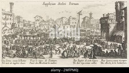 Gefangener Bestrafung, Jacques Callot, 1624 - 1634 Druck verschiedene Hinrichtungen und Folter werden auf einem Stadtplatz voller Menschen durchgeführt. Links auf einer Höhe wird jemand enthauptet und ein anderer ist gebrochen. In der Mitte hängen zwei Leute an einem Galgen. Rechts hinten hängt jemand an einer Wippe. In der oberen rechten Ecke des Abdrucks sehen Sie nur einen Käfig mit einer verurteilten Person darin. Es gibt acht französische Verse unter der Aufführung. Nancy-Papier, das die körperliche Strafe in der Öffentlichkeit ätzt. Folter. Auf dem Gerüst oder dem Ort der Hinrichtung. Dorfplatz, Platz Stockfoto