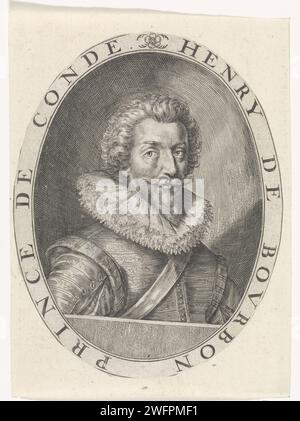 Porträt von Henri II. De Bourbon, Crispijn Van de Passe (II), 1604–1670 Porträt von Henri II. De Bourbon, Prinz von Condé. Am Rand des Rahmens Name und Funktion der dargestellten Person in lateinischer Sprache. Unbekannte Papiergravur Stockfoto