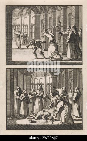 Bruder Felix schlägt einen Schüler / Mönche finden den Schüler bewusstlos, Jan Luyken, 1697 drucken zwei Aufführungen einer Platte. Amsterdamer Papierätzmönch(e), Mönch(e). körperliche Bestrafung in der Schule: Schmähungen, Schläge, etc. Bewusstlosigkeit Stockfoto