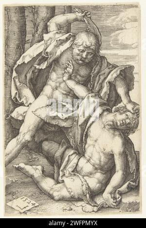 Cain tötet Abel, Lucas van Leyden, 1524 Druck Kain mit hoch gehaltenem Knochen, Kopf der sitzenden Abel auf den Rücken. Niederländisches Papier, in dem die Tötung von Abel graviert wird: Kain tötet ihn mit einem Stein, einem Schläger oder einem Kieferknochen, alternativ mit einem Spaten oder einem anderen Werkzeug als Waffe Stockfoto