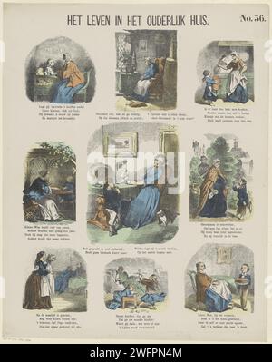 Life in the elental Home, 1874 Print Leaf mit 9 Darbietungen von Wohnzimmerszenen, darunter Beten, eine Großmutter, Keksbacken und Muttergeburtstag. Ein Vers unter jedem Bild. Rechts oben nummeriert: Nr. 36. Amsterdamer Buchdruck Großeltern mit Enkelkindern (Familiengruppe). Geburtstag. Brot, Kuchen, Gebäck usw. Stockfoto