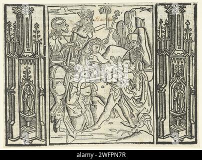 De kindermoord te Bethlehem, Meister von Delft (zugeschrieben), 1503 Druck von drei Blöcken gedruckt. Zwei Mütter mit Kindern und zwei Soldaten, die jeweils ein Kind töten. König Herodes auf der Pferdewache. Links und rechts von der architektonischen Ornamentik der Performance. Niedere Länder Papier das Massaker an Unschuldigen; manchmal schaut Herodes zu Stockfoto