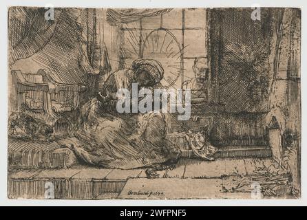 Die Jungfrau und das Kind mit der Katze und der Schlange, Rembrandt van Rijn, 1654 Druckpapier mit der Ätzung Madonna: Maria sitzt auf dem Boden, das Christkind auf ihrem Schoß Stockfoto