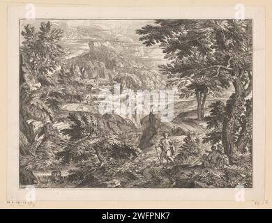 Landschaft mit einem Mann und einer Frau, die unter einem Baum sitzen und einem stehenden Mann auf einem Weg, Georges Focus, 1651 - 1708 Druckpapier, das Landschaften graviert (+ Landschaft mit Figuren, Personal). (Traveller) im Freien ausruhen Stockfoto