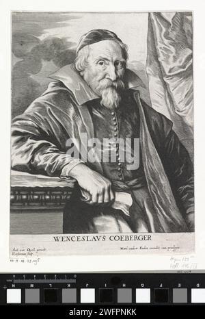 Porträt von Wenzel Coebergher, Lucas Vorsterman (I), nach Anthony Van Dyck, 1630–1646 Druck Porträt des Malers und Architekten Wenzel Coebergher. Nach einem Aufenthalt in Italien, wo die meisten seiner Gemälde entstanden, kehrte er 1601 in die südlichen Niederlande zurück und trat in den Dienst des Erzherzogs Albrecht und Isabella. Antwerpener Papiergravur Stockfoto