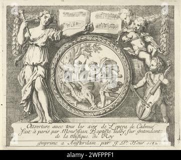 Cadmus tötet de Draak, Gerard de Lairesse (abgelehnte Attribution), 1682 Druck Cadmus tötet den Drachen, der seine Gefährten gefressen hat. Die mythologische Darstellung ist in einer medaillonförmigen Liste enthalten. Links davon zeigt sich eine allegorische weibliche Figur mit einer Flöte auf Noten über der Liste, rechts drei Putten spielen verschiedene Instrumente. Am unteren Rand des Abdrucks befindet sich eine dreiseitige Beschriftung in französischer Sprache. Amsterdamer Papierätzung Cadmus tötet den Drachen. Cupiden: 'amores', 'amoretti', 'Putti'. Musikinstrumente; Gruppe von Musikinstrumenten Stockfoto