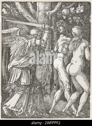 Adam und Eva aus dem Paradies getrieben, Albrecht Dürer, 1510 Druck Adam und Eva werden von einem Engel mit Schwert aus dem Paradies vertrieben. Dieser Druck ist Teil der Presseserie „de kleine Passie“, die aus einem Titeldruck und 36 biblischen Szenen (hauptsächlich aus der leidenden Geschichte) besteht. Nürnberger Zeitung ein Engel jagt Adam und Eva mit einem (flammenden) Schwert aus dem Paradies Stockfoto