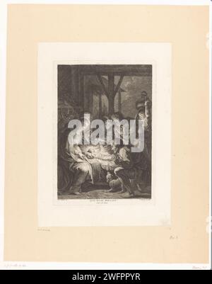 Verehrung von de Herders, Pierre Francois Basan, nach Peter Paul Rubens, 1733–1797 Druckgraphiker: Franzepublisher: Paris Papierstich Verehrung des Christuskindes durch die Hirten; Maria und Joseph anwesend. Hund Stockfoto