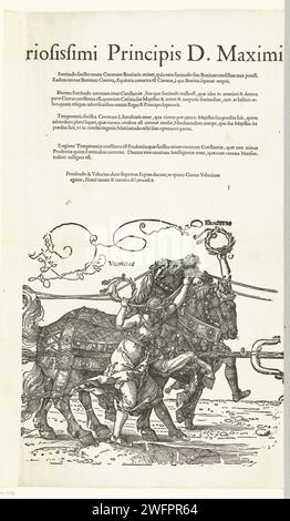 Triumphwagen von Kaiser Maximilian I., Hans Guldenmund, nach Albrecht Dürer, 1609 der große Triumphwagen zu Ehren Kaiser Maximilians I. bei seinem Tod am 12. Januar 1519. Fünftes Blatt mit dritter Spanne Pferde mit Velocitas und firmitudo. Druckerei: DeutschlandVerlag: AmsterdamVerlag: Amsterdam Papier Buchdruck Wagen, Triumphwagen Stockfoto