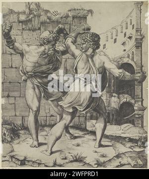 Entellus en Dares, Marco Tooth, nach Rafaël, 1498–1532 drucken die Boxspiele zwischen Entellus und Dars. Antike Ruinen im Hintergrund. Italienisches Papier, das den Boxwettbewerb graviert: Dares und Entellus Stockfoto