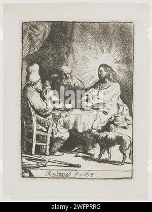 Christ at Emmaus: The small Plate, Rembrandt van Rijn, 1634 Druckpapier Ätzen / Trockenpunkt das Abendessen bei Emmaus: Christus wird beim Segen oder Brechen des Brotes erkannt Stockfoto