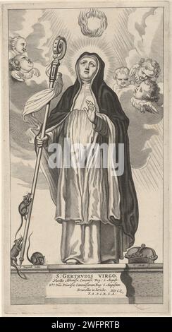 H. Gertrudis van Nivevel, Theodor Matham, nach Abraham van Diepenbeeck, 1615–1676 Druck Saint Gertrudis van Nivelles, mit einem Stab in der Hand, gegen den Mäuse kriechen. Eine Krone auf ihren Füßen. Cherubies in der Luft. Drucken Sie aus einer Serie von acht Abdrücken mit Heiligen. Papiergravurheilige. Cherubs, d. h. Kinderköpfe mit Flügeln. Die Äbtissin Gertrude von Nivelles; mögliche Attribute: Buch, Pastoralstab, Krone, Tasse, Dämon, Maus oder Mäuse, Modell der Kirche oder Krankenhaus, Palme, (heilend) gut Stockfoto