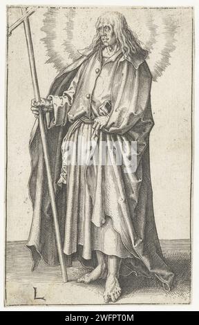 The Apostel Philippus, Lucas van Leyden, 1508 - 1512 print niederländische Papiergravur des Apostels Philipp; mögliche Attribute: Buch, Kreuz, Schüssel mit Schlange, Lanze, Scroll, Stein, Schwert Stockfoto