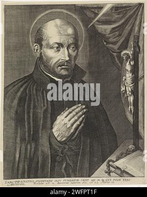 H. Ignatius van Loyola, anonym, nach Lucas Vorsterman (I), nach Peter Paul Rubens, 1661–1684 Druck des heiligen Ignatius von Loyola im Gebet in einem Kruzifix. Antwerpener Papiergravur der persönlichen Hingabe des St. Ignatius von Loyola - männlicher heiliger, der in Ekstase meditiert. Kruzifix  persönliche Hingabe Stockfoto