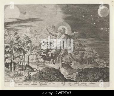 Schöpfung der Sonne, des Mondes und der Sterne, Johann Sadeler (I), nach Maerten de Vos, 1588–1600 Druck Gott der Vater schwimmt in der Luft in einer Landschaft. Links die Sonne, rechts der Mond. Das Sternzeichen in der Luft. Am vierten Tag der Schöpfung schuf Gott die Sonne, den Mond und die Sterne. Der Druck hat eine lateinische Unterschrift. Druckerei: München (evtl.) nach Entwurf: Antwerppublisher: München Papierstich Kreation von Sonne, Mond und Sternen. Gott, der Schöpfer. zodiac; die zwölf Tierkreiszeichen zusammen. Sonne als Himmelskörper. Mond als Himmelskörper Stockfoto