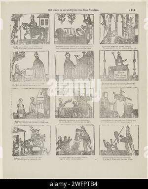 Das Leben und die Kompanien der Sint Nicolaas, 1856 - 1900 Druckblatt mit 12 Aufführungen über das Leben der Sint Nicolaas. Unter jedem Bild ein zwei-Wege-Vers. Rechts oben nummeriert: N 111. Turnwood Papier Buchdruck Festlichkeiten auf St. Nicholas (Eva) (5. Dezember). Der Bischof Nikolaus von Myra (oder Bari); mögliche Attribute: Anker, Boot, drei goldene Kugeln (auf einem Buch), drei Geldbörsen, drei Kinder in einer Badewanne, drei Mädchen Stockfoto