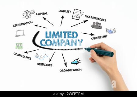 Konzept Mit Beschränkter Haftung. Diagramm mit Schlüsselwörtern und Symbolen auf weißem Hintergrund. Stockfoto