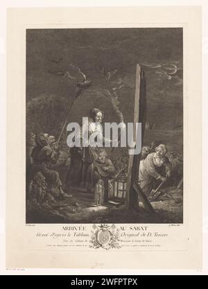 Ankunft am Heksensabbath, Jacques Aliamet, nach David Teniers, 1755 Druckgraphiker: Franziskus Malerei von: Netherlandspublisher: Paris Papierätzung / Gravur Anbetung des Teufels (oft in Form einer Ziege) während des hexensabbades. Taschenlampe. Alte Frau Stockfoto