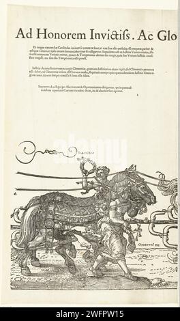 Triumphwagen von Kaiser Maximilian I., Hans Guldenmund, nach Albrecht Dürer, 1609 der große Triumphwagen zu Ehren Kaiser Maximilians I. bei seinem Tod am 12. Januar 1519. Viertes Blatt mit den Pferden mit Alacritas und Oporunitas. Druckerei: DeutschlandVerlag: AmsterdamVerlag: Amsterdam Papier Buchdruck Wagen, Triumphwagen Stockfoto