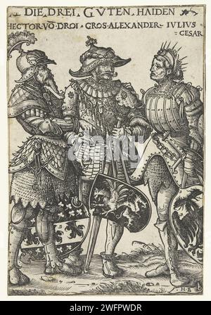 Hector van Troje, Alexander der große und Julius Cäsar als drei Helden aus der Antike, Hans Burgkmair (I), 1516–1519 Druck Hector Van Troje, Alexander der große und Julius Cäsar als die drei besten Feldherren der Antike. Sie tragen Waffen und Schilde mit ihren Waffen. Der deutsche Text beschreibt sie als drei Helden aus der Antike. Paper Hector (einer der neun Wertsachen). Alexander (einer der neun Werthemen). Julius Cäsar (einer der neun Werthemen) Stockfoto